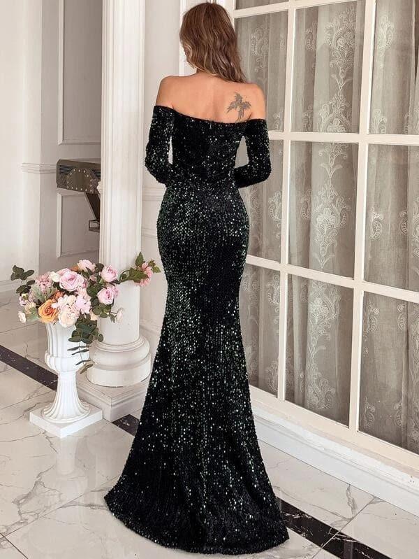 Off Shoulder Mesh Insert Split Sequin Prom Dress