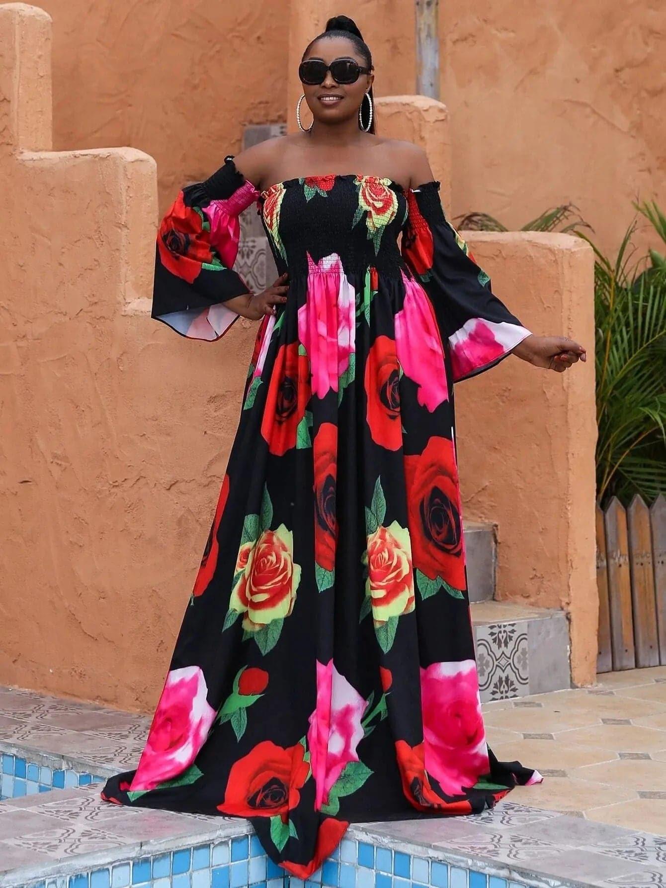 Missord Plus Floral Print Shirred Bardot Dress