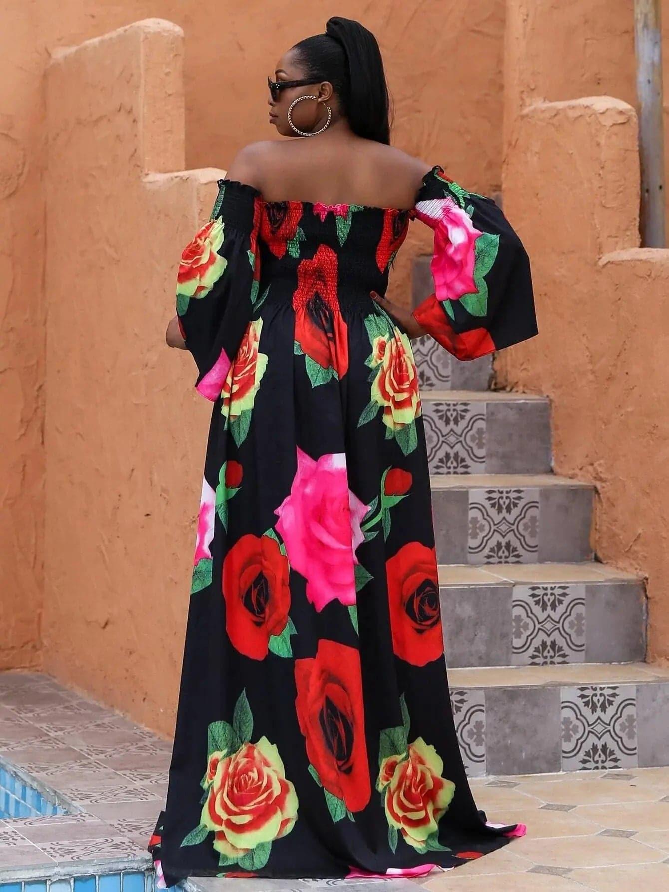 Missord Plus Floral Print Shirred Bardot Dress