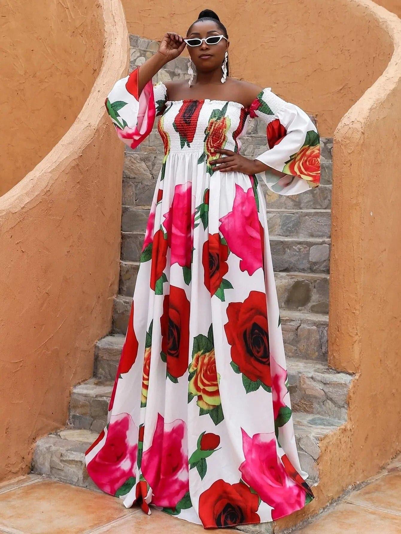 Missord Plus Floral Print Shirred Bardot Dress