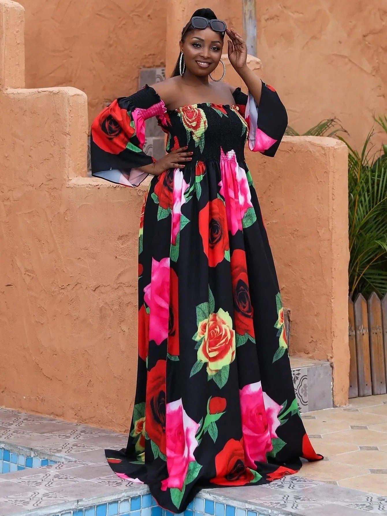 Missord Plus Floral Print Shirred Bardot Dress