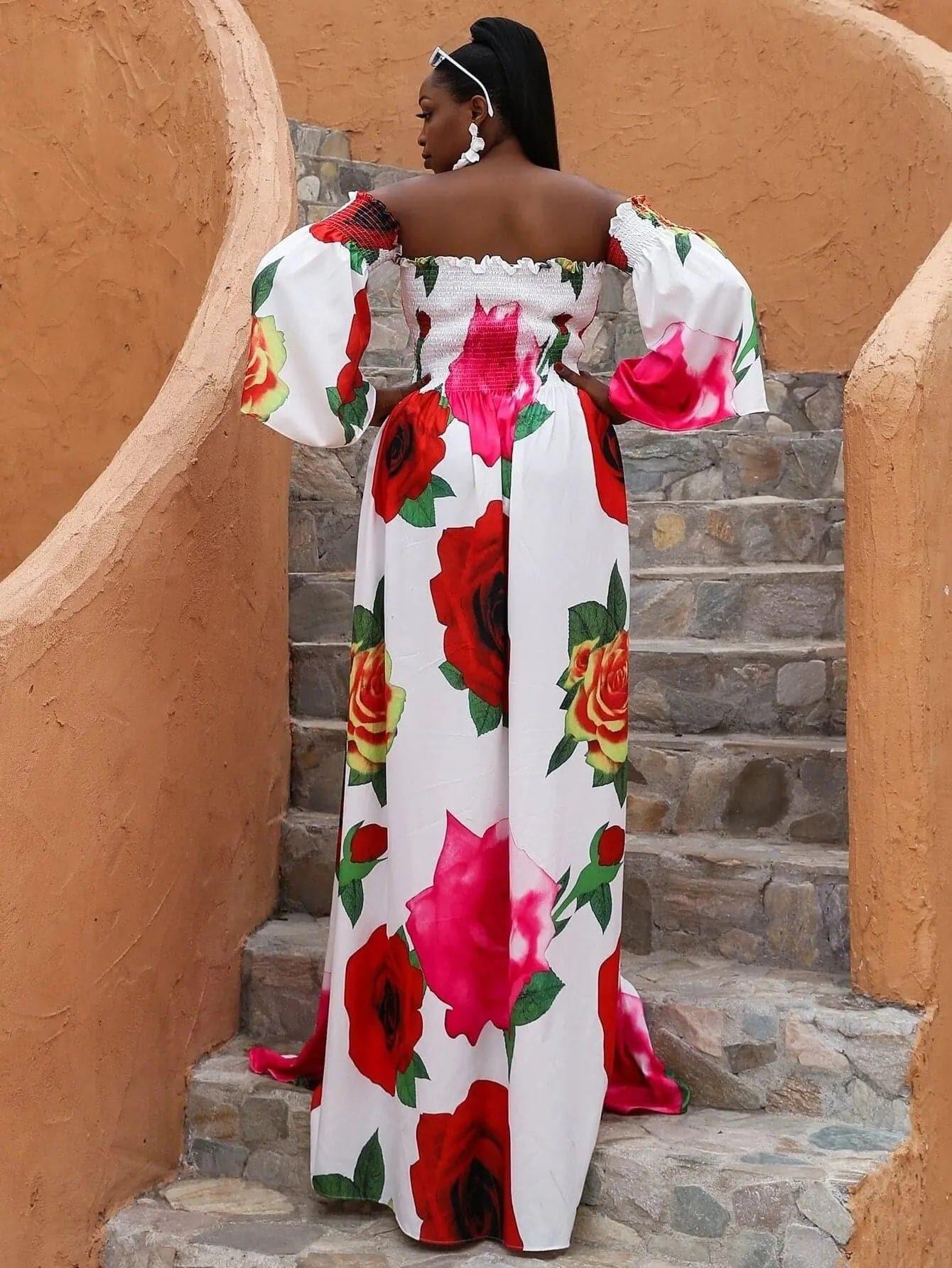 Missord Plus Floral Print Shirred Bardot Dress