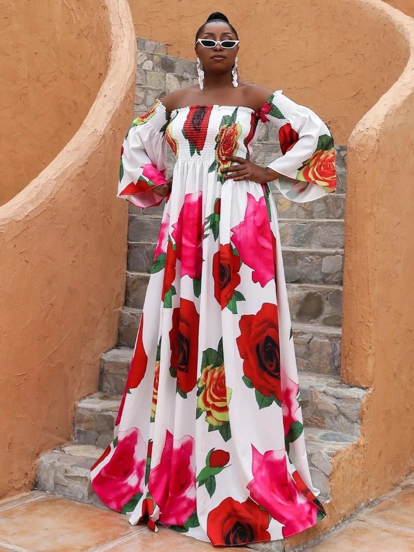 Missord Plus Floral Print Shirred Bardot Dress