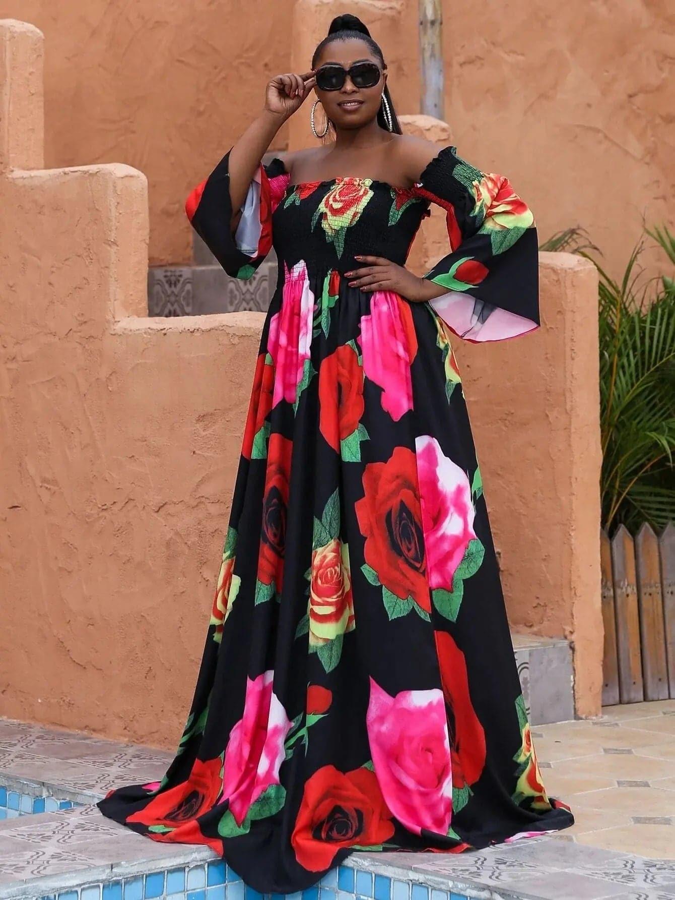 Missord Plus Floral Print Shirred Bardot Dress