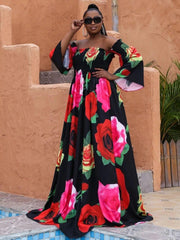Missord Plus Floral Print Shirred Bardot Dress