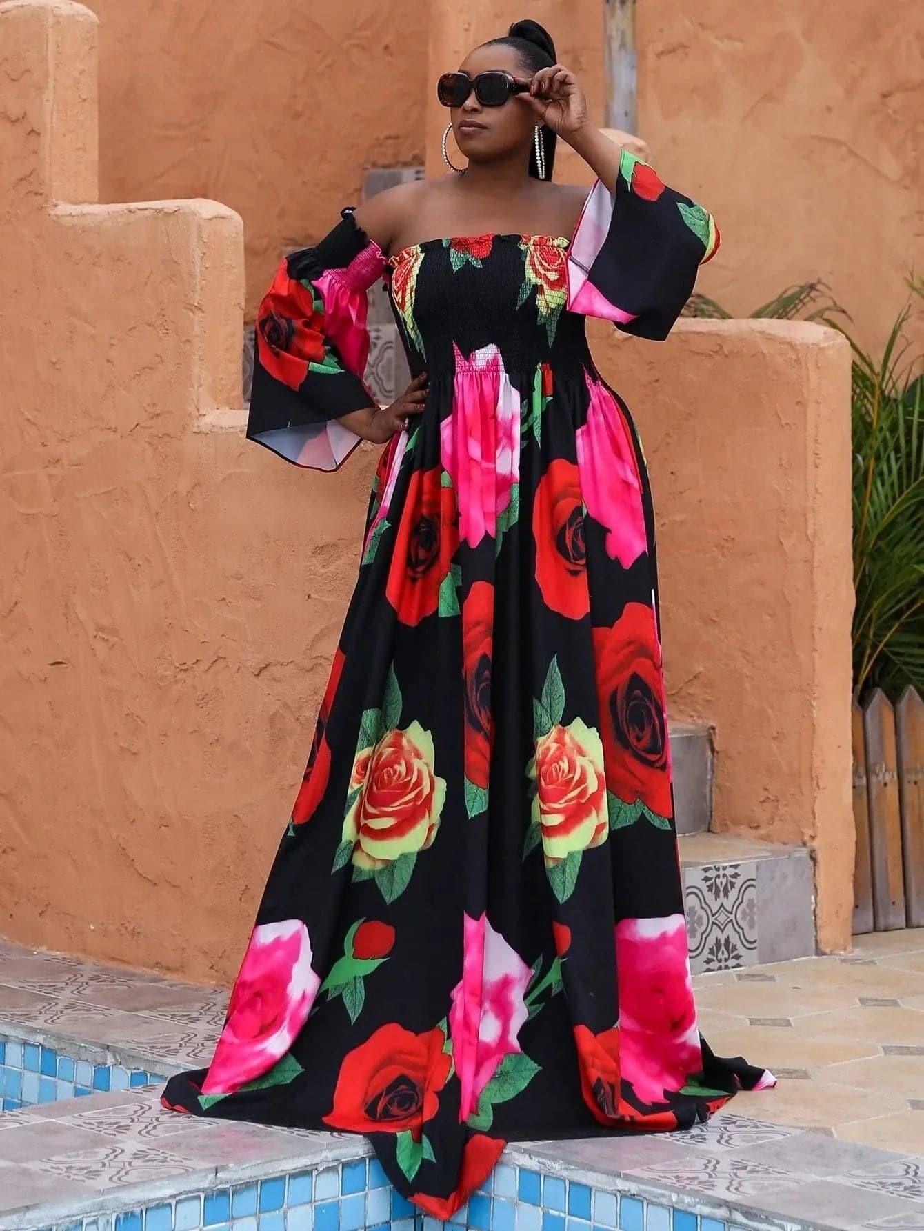 Missord Plus Floral Print Shirred Bardot Dress