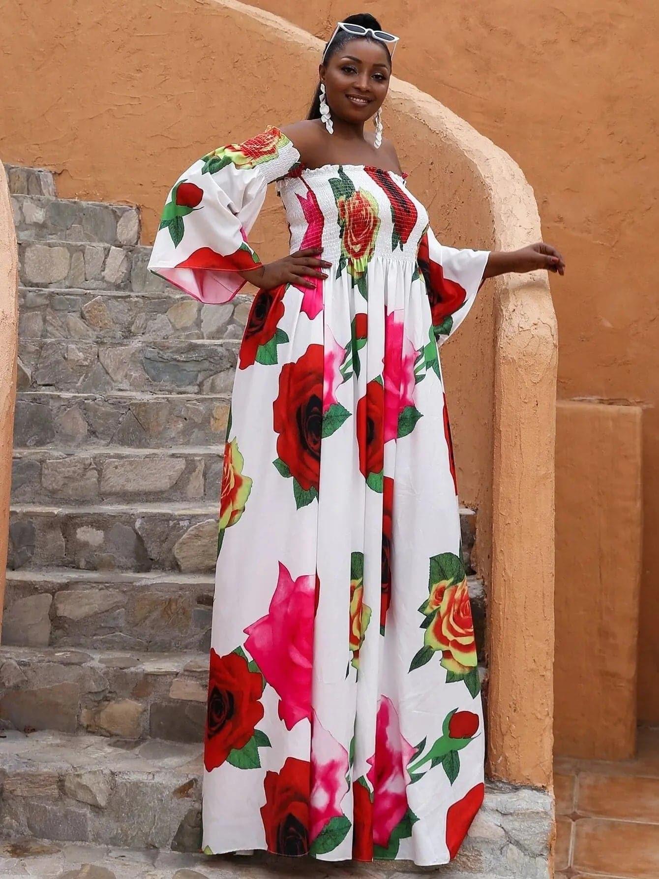 Missord Plus Floral Print Shirred Bardot Dress