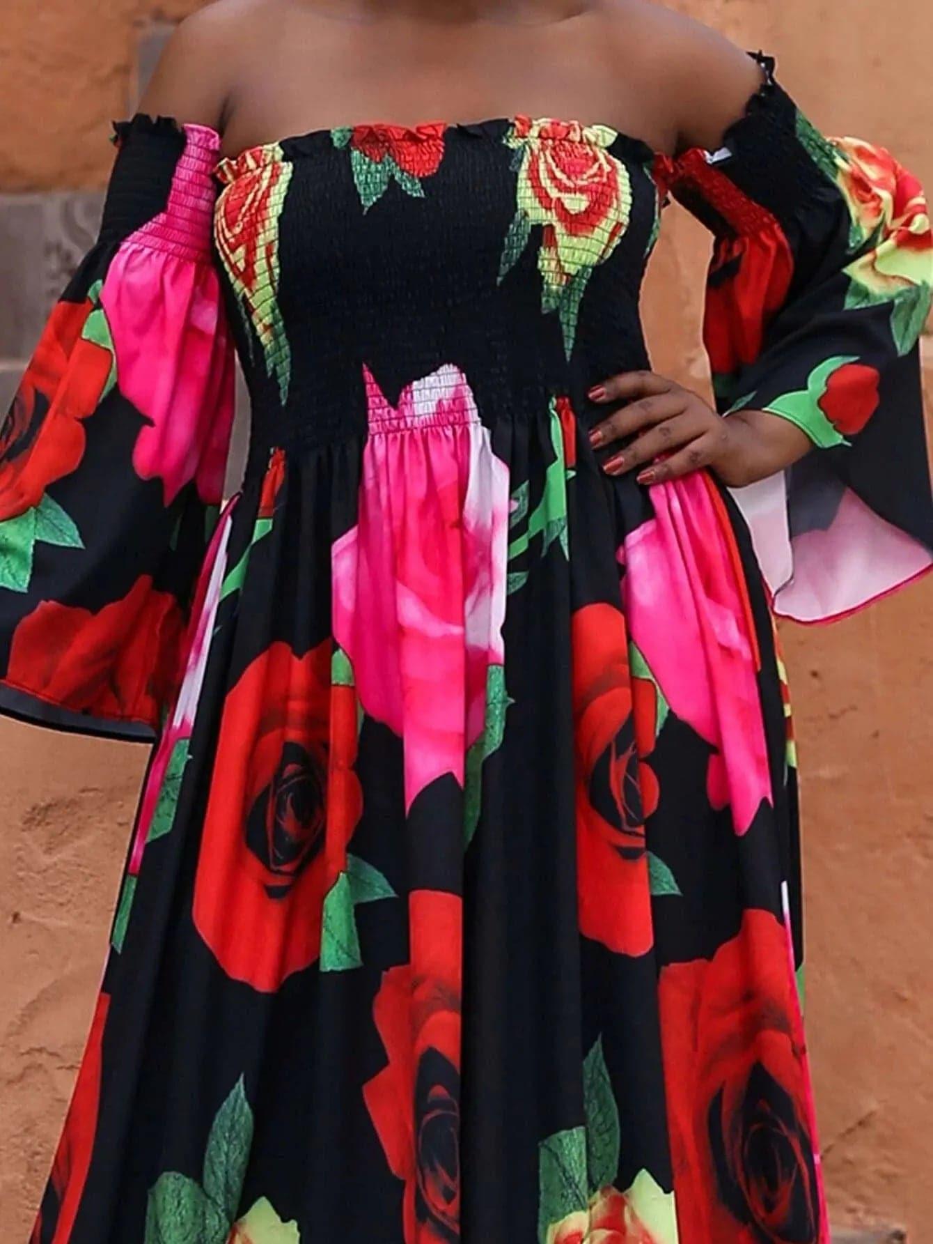 Missord Plus Floral Print Shirred Bardot Dress