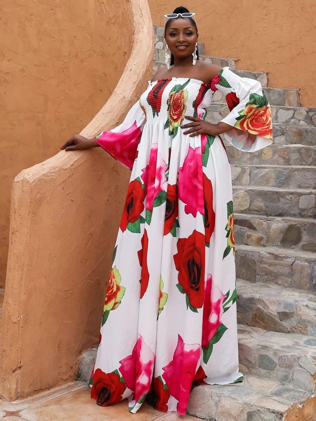 Missord Plus Floral Print Shirred Bardot Dress