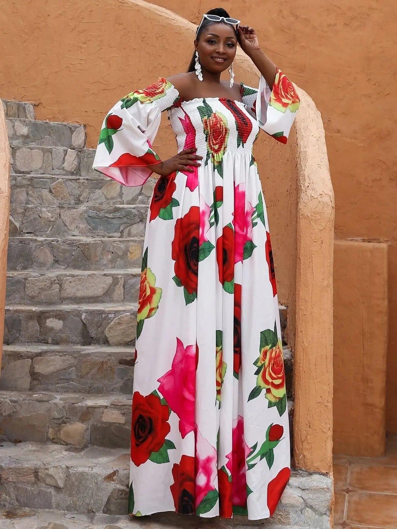Missord Plus Floral Print Shirred Bardot Dress