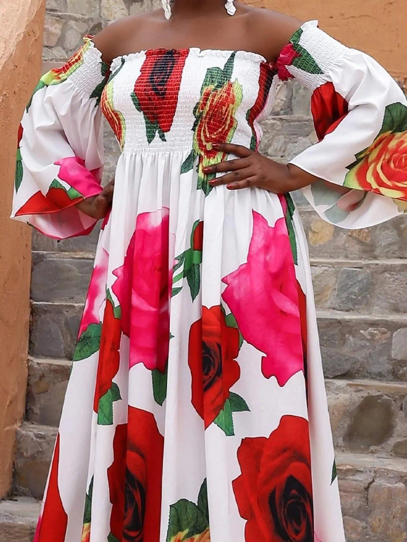 Missord Plus Floral Print Shirred Bardot Dress