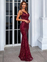Sexy V-Neck Spaghetti Strap Backless Mermaid Evening Gown