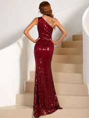 One Shoulder Cutout Sequin Geometric Evening Dress