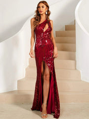 One Shoulder Cutout Sequin Geometric Evening Dress