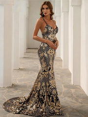 Baroque Lace Up Back Sequins Maxi Prom Dress