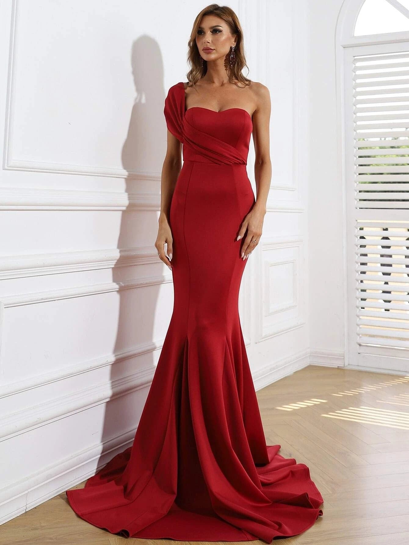 One Shoulder Sleeveless Mermaid Maxi Red Prom Dress