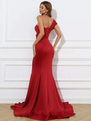 One Shoulder Sleeveless Mermaid Maxi Red Prom Dress