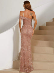 Formal One Shoulder Split Thigh Sequin Prom Dress