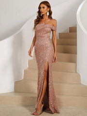 Formal One Shoulder Split Thigh Sequin Prom Dress