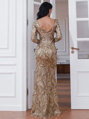 Formal Long Sleeve Gold Sequin Prom Dress