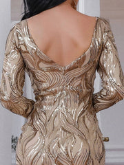 Formal Long Sleeve Gold Sequin Prom Dress