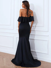 Tie Backless Mermaid Black Maxi Prom Dress