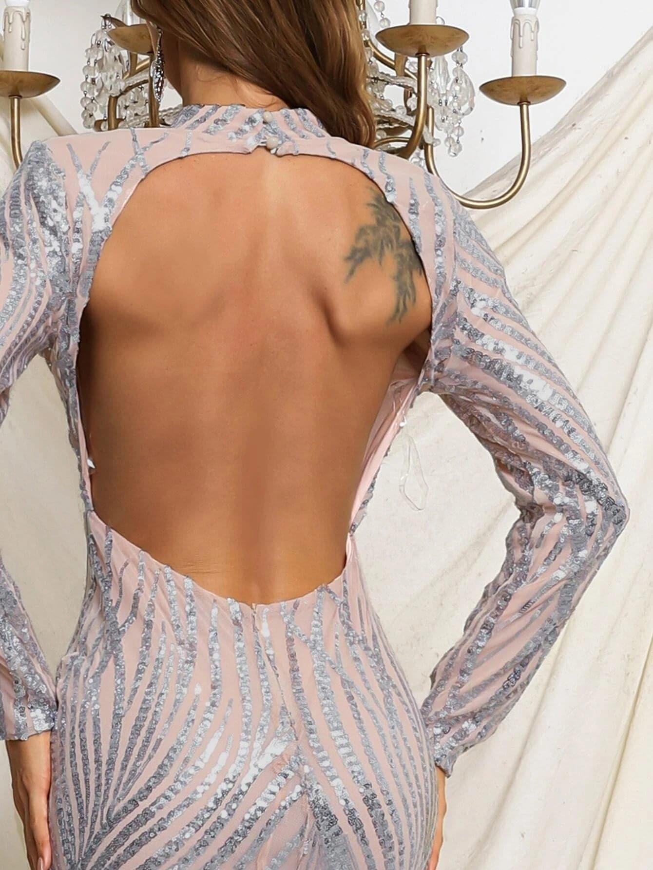 Open Back Mermaid Hem Sequin Dress