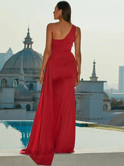 One Shoulder Draped Side Mermaid Hem Maxi Red Formal Dress