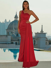 One Shoulder Draped Side Mermaid Hem Maxi Red Formal Dress