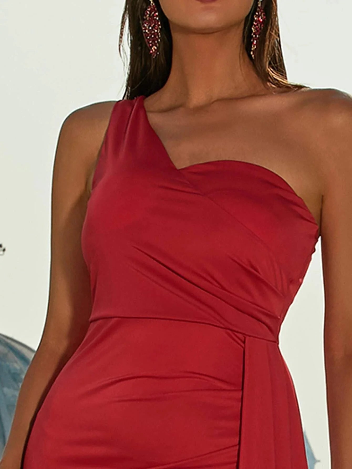 One Shoulder Draped Side Mermaid Hem Maxi Red Formal Dress