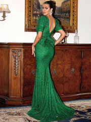 Puff Sleeve Floor Length Sequin Prom Dress