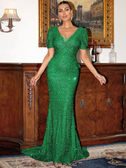 Puff Sleeve Floor Length Sequin Prom Dress