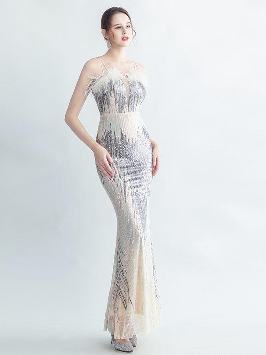 Spaghetti Straps Feather Gradient Sequin Dress