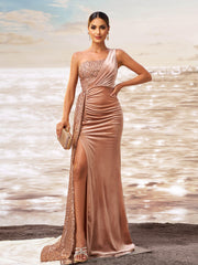 One Shoulder Velvet Split Thigh Prom Dress