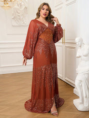 Plus V-neck Backless Long Sleeve Sequin Prom Dress