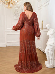 Plus V-neck Backless Long Sleeve Sequin Prom Dress