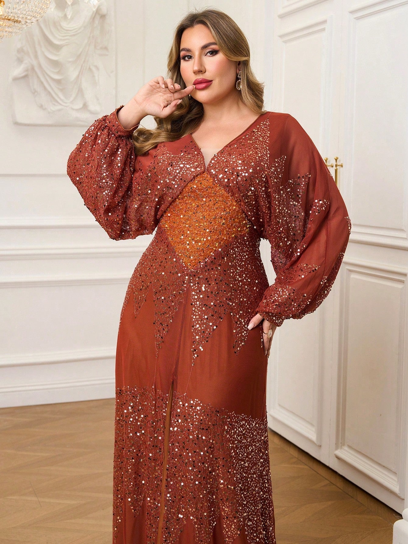 Plus V-neck Backless Long Sleeve Sequin Prom Dress