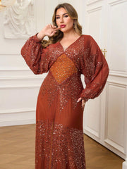 Plus V-neck Backless Long Sleeve Sequin Prom Dress