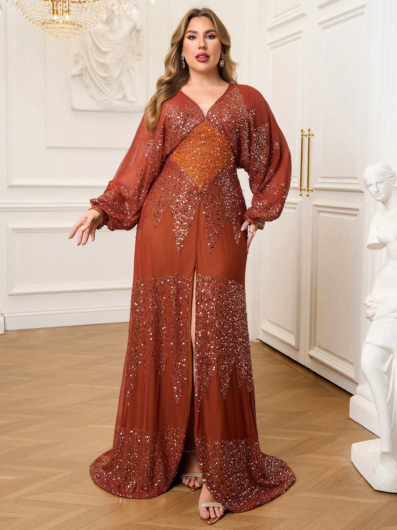 Plus V-neck Backless Long Sleeve Sequin Prom Dress