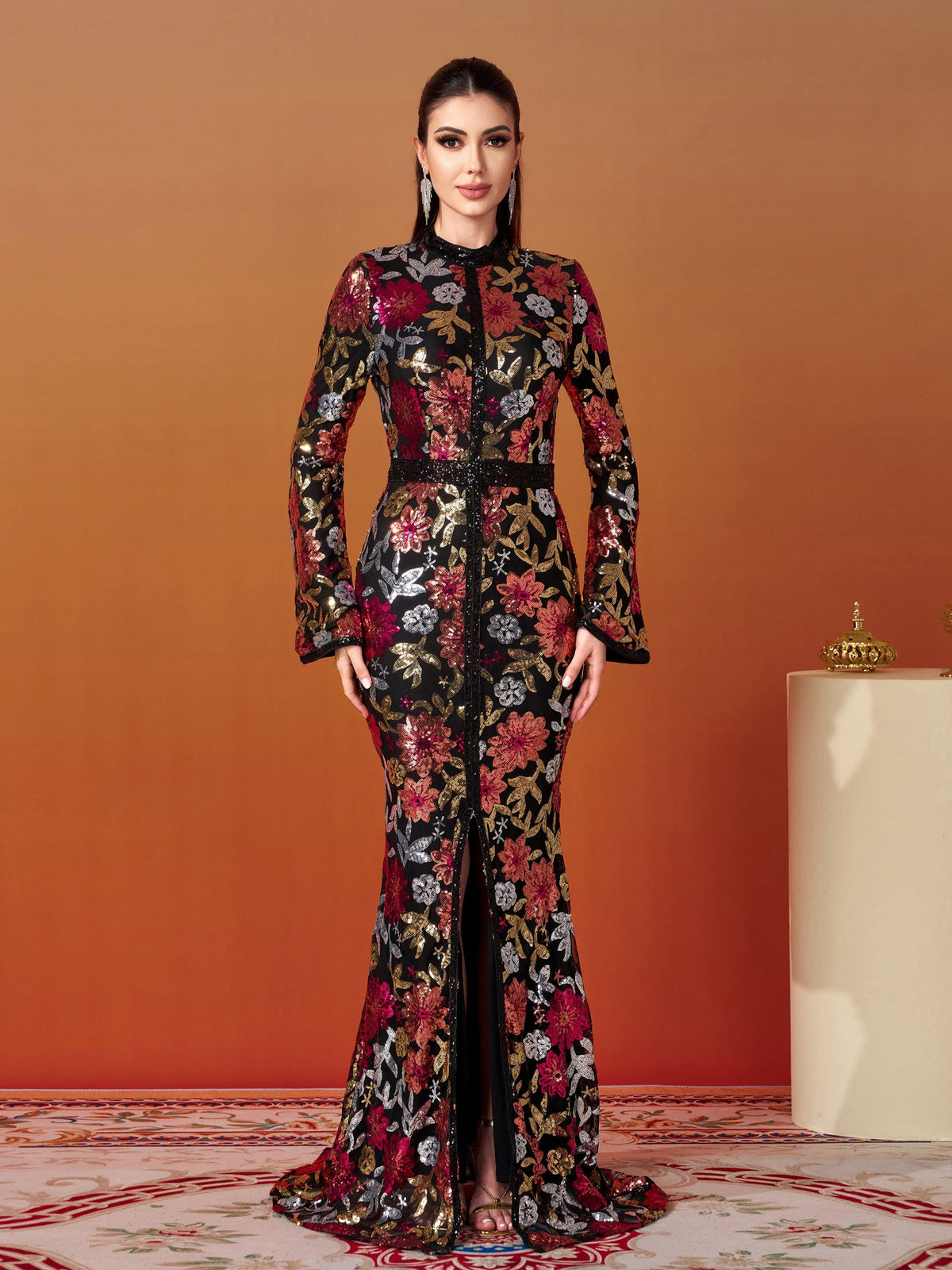 Vintage Floral Sequin Split Formal Dress