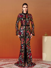 Vintage Floral Sequin Split Formal Dress