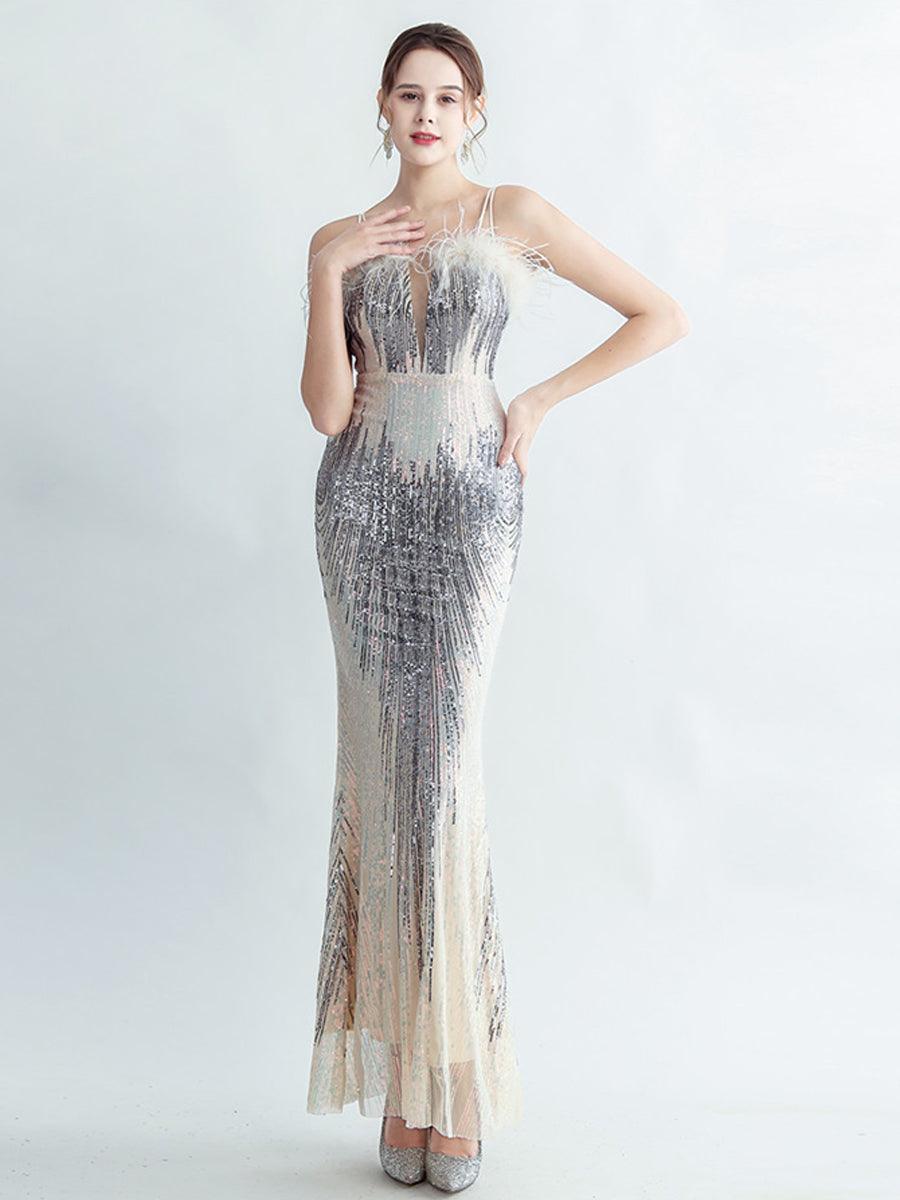 Spaghetti Straps Feather Gradient Sequin Dress