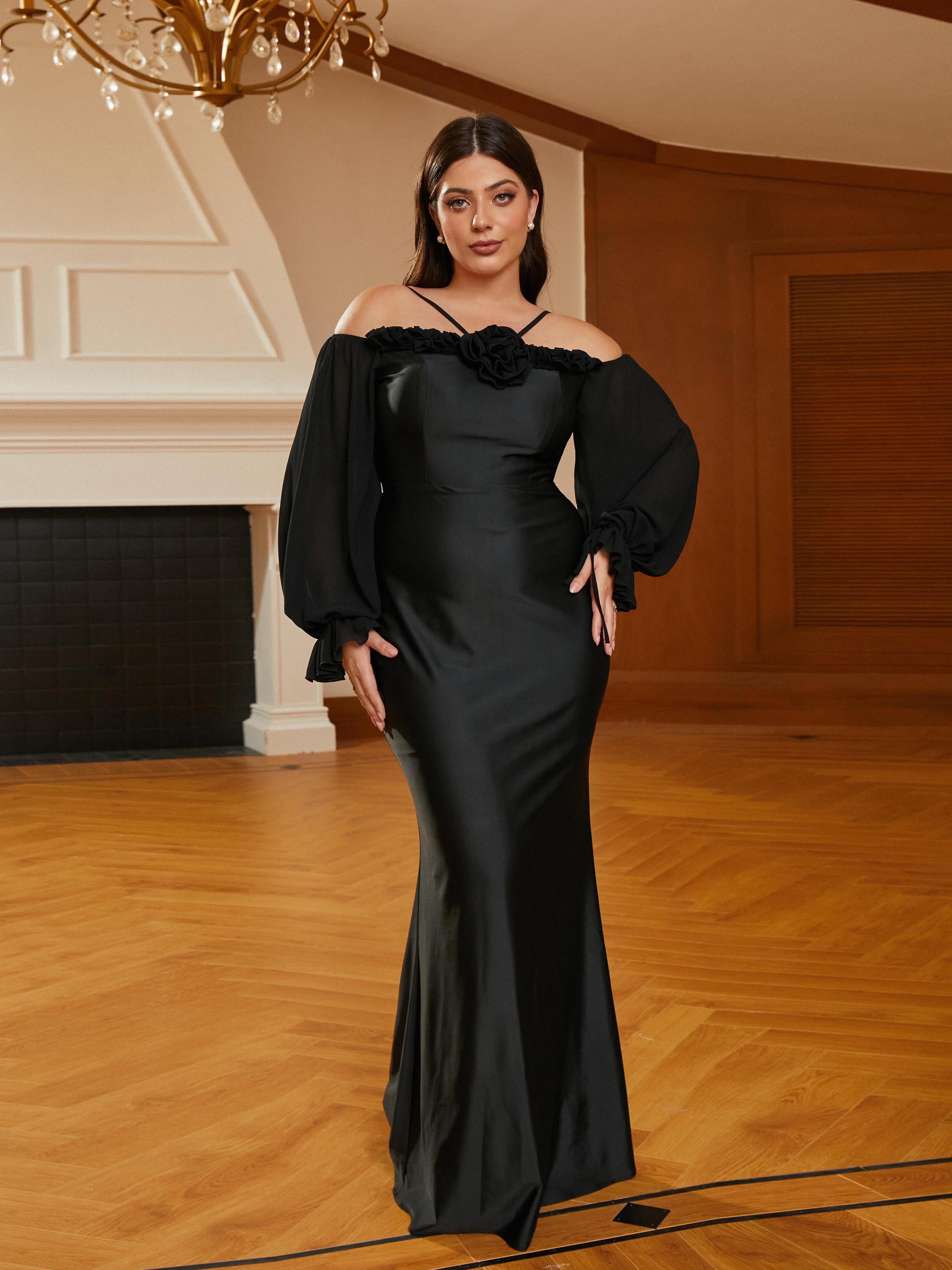Plus Size Halter Appliqued Panel Black Prom Dress