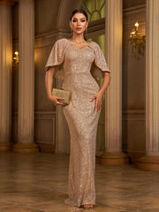 Puncho Back Puff Sleeve Sequin Evening Dress