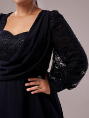 Plus Black Square Neck Lace A-line Prom Dress