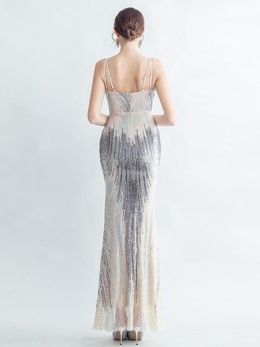 Spaghetti Straps Feather Gradient Sequin Dress
