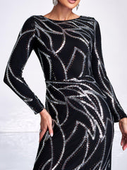 A-Line Long Sleeve Sequin Black Dress