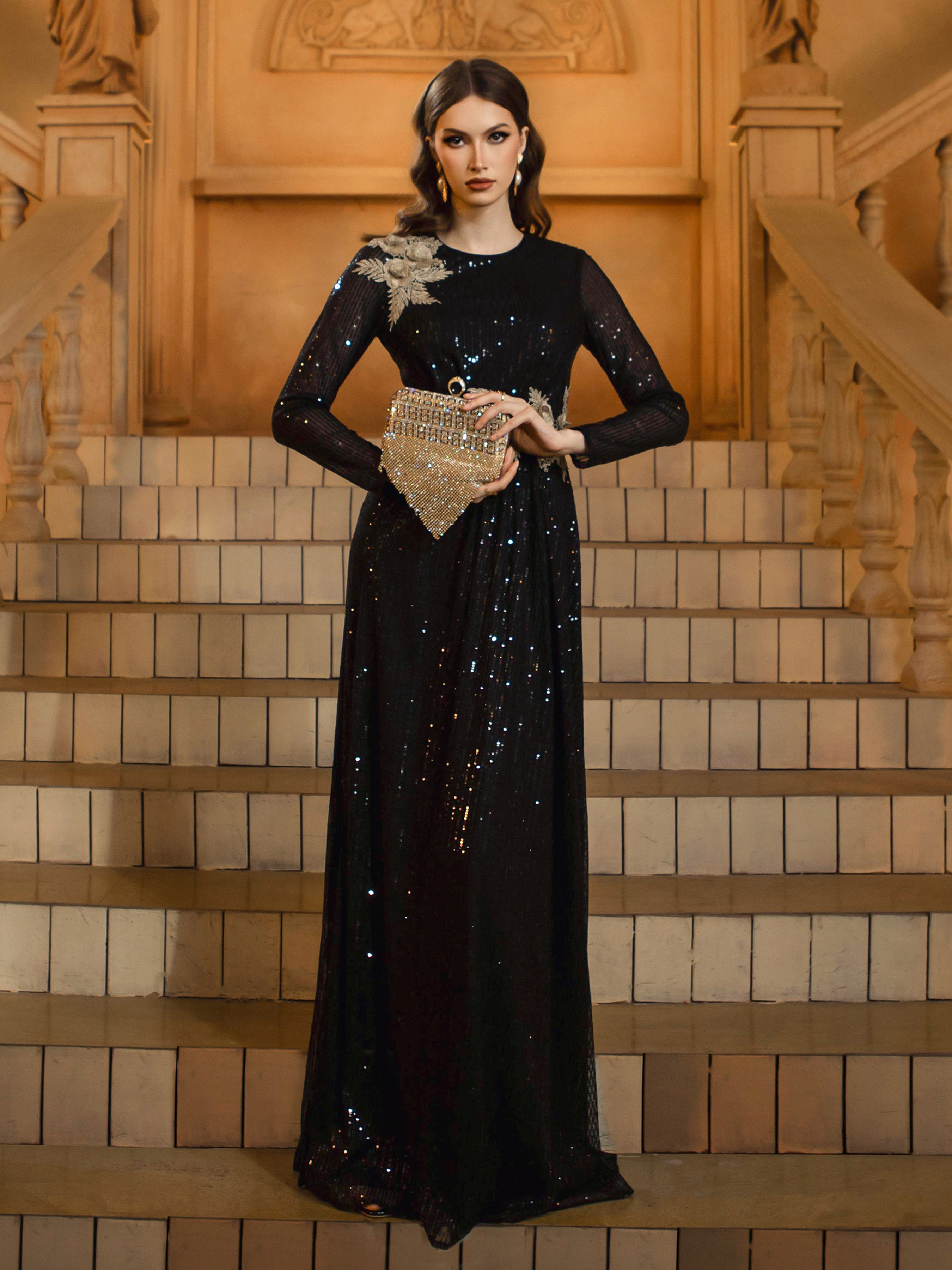 Black Leaf Sequin Long Sleeve Prom Dress
