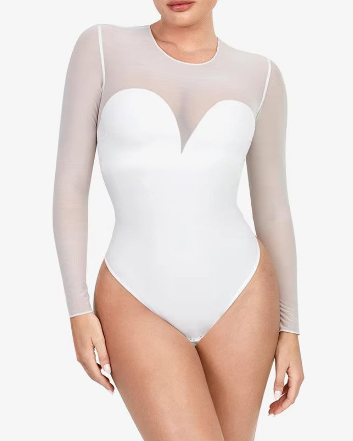 Sheer Mesh Long Sleeve Slimming Thong Bodysuit