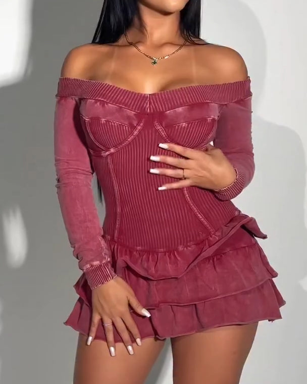 Long-Sleeved Ruffled Slim Fitted Dress